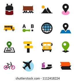 solid vector ixon set - backpack vector, school bus, bike, navigator, map pin, Railway carriage, plane, ship, route, globe, mountain, signpost
