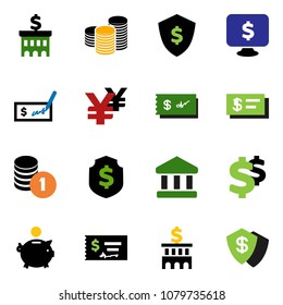 solid vector ixon set - bank vector, piggy, coin stack, check, building, dollar shield, monitor, yen sign