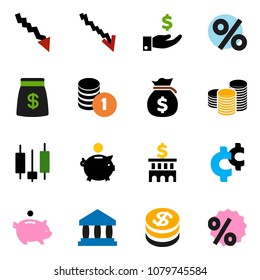solid vector ixon set - bank vector, japanese candle, crisis, money bag, piggy, investment, coin stack, building, cent sign, dollar, percent
