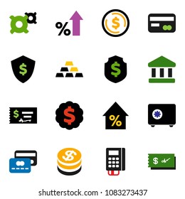 solid vector ixon set - bank vector, dollar coin, percent growth, check, medal, shield, safe, any currency, gold ingot, credit card, reader