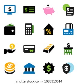 solid vector ixon set - bank vector, gold ingot, credit card, wallet, percent growth, piggy, investment, building, receipt, dollar medal, monitor, coin, reader, shield