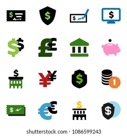 solid vector ixon set - bank vector, piggy, coin stack, check, building, dollar shield, monitor, euro sign, pound, yen