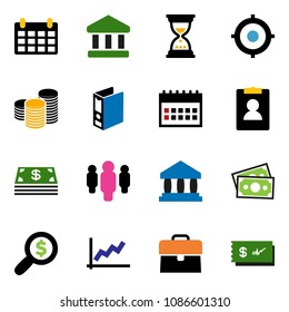 solid vector ixon set - bank vector, graph, case, coin stack, money search, target, man, binder, sand clock, personal information, calendar, cash, check