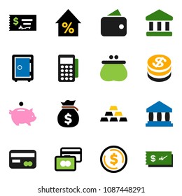 solid vector ixon set - bank vector, dollar coin, credit card, percent growth, money bag, piggy, check, safe, gold ingot, wallet, reader