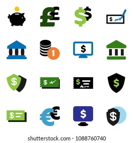 solid vector ixon set - bank vector, piggy, coin stack, check, dollar shield, monitor, euro sign, pound