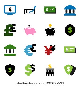 solid vector ixon set - bank vector, piggy, check, building, dollar shield, monitor, euro sign, pound, yen