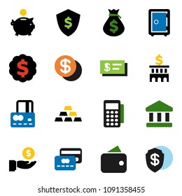 solid vector ixon set - bank vector, credit card, money bag, piggy, investment, building, dollar medal, shield, safe, gold ingot, coin, wallet, reader, check