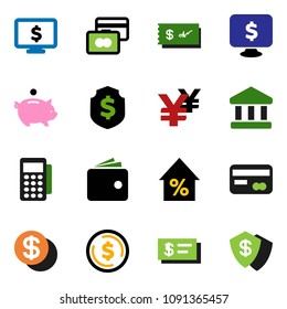 solid vector ixon set - bank vector, dollar coin, credit card, wallet, percent growth, piggy, shield, monitor, yen sign, reader, check