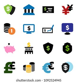 solid vector ixon set - bank vector, piggy, coin stack, check, building, dollar shield, monitor, euro sign, pound, yen