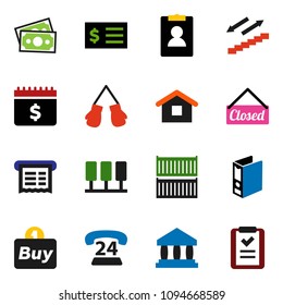 solid vector ixon set - bank vector, receipt, binder, personal information, dollar calendar, boxing glove, stairways run, money, phone 24, sea container, server, closed, buy, home, shopping list