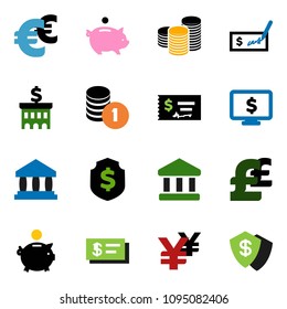 solid vector ixon set - bank vector, piggy, coin stack, check, building, dollar shield, monitor, euro sign, pound, yen