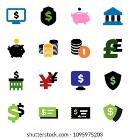 solid vector ixon set - bank vector, piggy, coin stack, check, building, dollar shield, monitor, pound, yen sign