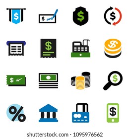 solid vector ixon set - bank vector, exchange, credit card, cash, coin stack, check, money search, dollar flag, shield, percent, cashbox, receipt, tap pay