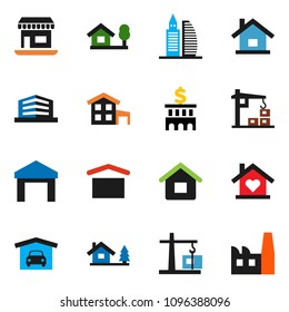 solid vector ixon set - bank building vector, office, dry cargo, warehouse, house, cottage, chalet, garage, love home, construction crane, factory