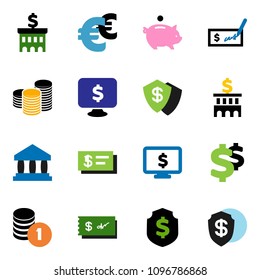 solid vector ixon set - bank vector, piggy, coin stack, check, building, dollar shield, monitor, euro sign