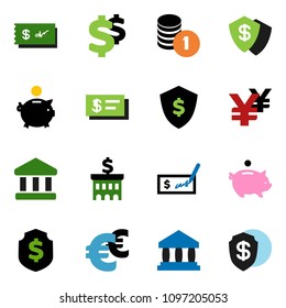 solid vector ixon set - bank vector, piggy, coin stack, check, building, dollar shield, euro sign, yen