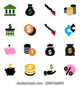 solid vector ixon set - bank vector, crisis, money bag, piggy, investment, coin stack, building, cent sign, dollar, percent