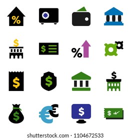 solid vector ixon set - bank vector, percent growth, money bag, building, receipt, dollar shield, safe, monitor, any currency, euro sign, wallet, check