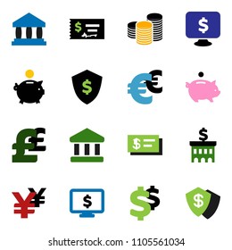 solid vector ixon set - bank vector, piggy, coin stack, check, building, dollar shield, monitor, euro sign, pound, yen