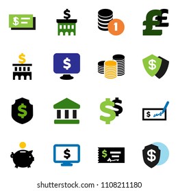solid vector ixon set - bank vector, piggy, coin stack, check, building, dollar shield, monitor, pound, sign
