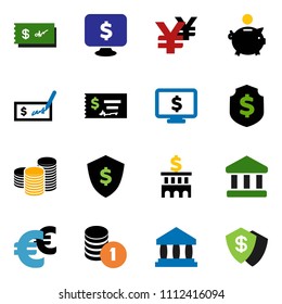 solid vector ixon set - bank vector, piggy, coin stack, check, building, dollar shield, monitor, euro sign, yen