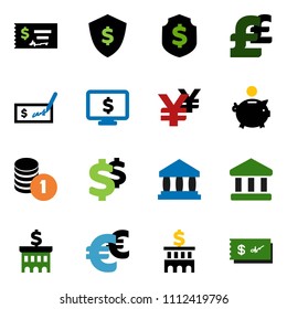 solid vector ixon set - bank vector, piggy, coin stack, check, building, dollar shield, monitor, euro sign, pound, yen