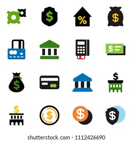 solid vector ixon set - bank vector, dollar coin, credit card, percent growth, money bag, building, shield, any currency, reader, check