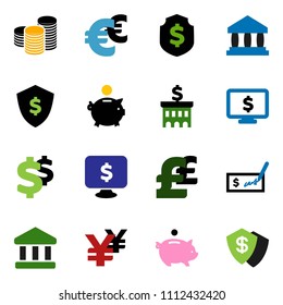 solid vector ixon set - bank vector, piggy, coin stack, check, building, dollar shield, monitor, euro sign, pound, yen