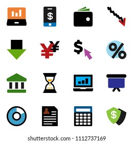 solid vector ixon set - bank vector, pie graph, laptop, wallet, crisis, calculator, sand clock, arrow down, presentation board, personal information, dollar cursor, yen sign, percent, tap pay