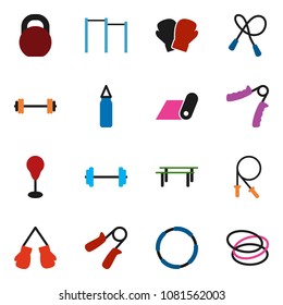 solid vector ixon set - barbell vector, weight, jump rope, hand trainer, horizontal bar, punching bag, boxing glove, fitness mat, hoop