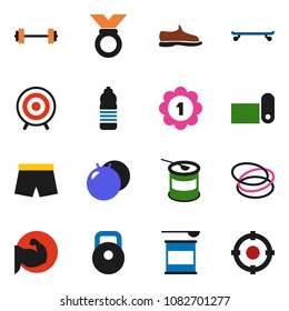 solid vector ixon set - barbell vector, weight, fitball, muscule hand, snickers, shorts, skateboard, target, medal, sports nutrition, water bottle, fitness mat, hoop