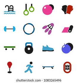 solid vector ixon set - barbell vector, weight, punching bag, fitball, snickers, boxing glove, skateboard, fitness mat, shuttlecock, pool, hoop, gymnast rings, run, stadium