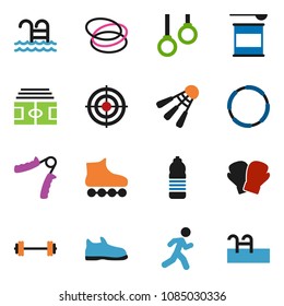 solid vector ixon set - barbell vector, stadium, hand trainer, snickers, boxing glove, roller Skates, target, sports nutrition, water bottle, shuttlecock, pool, hoop, gymnast rings, run