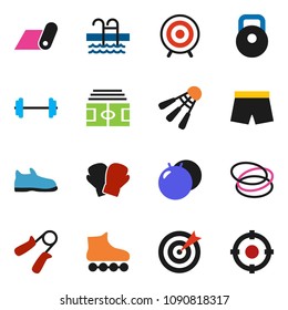 solid vector ixon set - barbell vector, stadium, weight, hand trainer, fitball, snickers, boxing glove, shorts, roller Skates, target, fitness mat, shuttlecock, pool, hoop