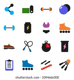 solid vector ixon set - barbell vector, stopwatch, clipboard, jump rope, fitball, snickers, swimsuite, roller Skates, enegry drink, molecule, stairways run, fitness mat, shuttlecock