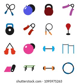 solid vector ixon set - barbell vector, weight, jump rope, hand trainer, horizontal bar, punching bag, fitball, boxing glove, fitness mat, hoop