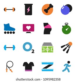 solid vector ixon set - barbell vector, measuring, stadium, stopwatch, jump rope, fitball, buttocks, t shirt, roller Skates, enegry drink, shuttlecock, heart monitor, bone, oxygen, run