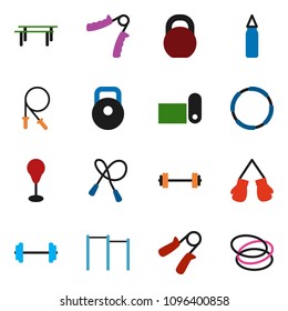 solid vector ixon set - barbell vector, weight, jump rope, hand trainer, horizontal bar, punching bag, boxing glove, fitness mat, hoop