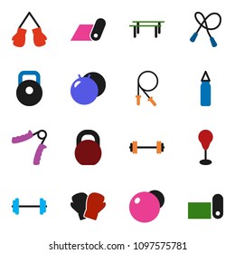 solid vector ixon set - barbell vector, weight, jump rope, hand trainer, horizontal bar, punching bag, fitball, boxing glove, fitness mat