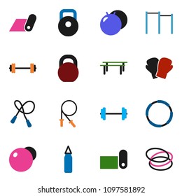 solid vector ixon set - barbell vector, weight, jump rope, horizontal bar, punching bag, fitball, boxing glove, fitness mat, hoop