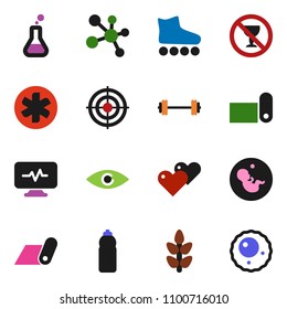 solid vector ixon set - barbell vector, roller Skates, target, molecule, water bottle, fitness mat, cereals, no alcohol sign, heart, ambulance star, flask, eye, pregnancy, diagnostic monitor, ovule