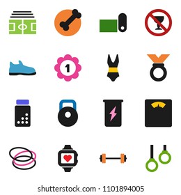 solid vector ixon set - barbell vector, scales, stadium, pills vial, weight, snickers, swimsuite, medal, enegry drink, heart monitor, fitness mat, no alcohol sign, bone, hoop, gymnast rings