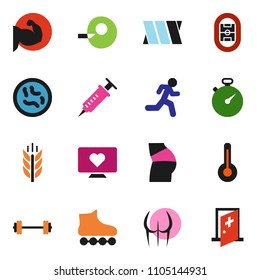 solid vector ixon set - barbell vector, stopwatch, muscule hand, buttocks, roller Skates, cereals, heart monitor, run, stadium, thermometer, insemination, syringe, microbs, bandage, medical room