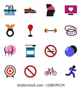solid vector ixon set - barbell vector, bike, punching bag, fitball, buttocks, snickers, target, medal, sports nutrition, pool, prohibition sign, no smoking, heart monitor, hoop, run