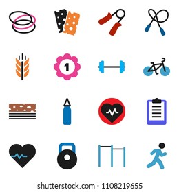 solid vector ixon set - barbell vector, heart pulse, clipboard, bike, weight, jump rope, hand trainer, horizontal bar, punching bag, medal, cereals, breads, hoop, run