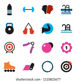 solid vector ixon set - barbell vector, weight, hand trainer, fitball, muscule, boxing glove, roller Skates, target, medal, water bottle, fitness mat, pool, hoop