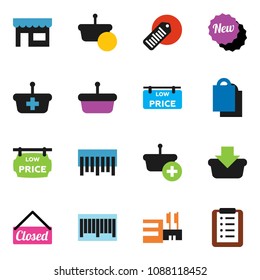 solid vector ixon set - barcode vector, low price signboard, new, closed, shopping bag, store, mall, basket, list