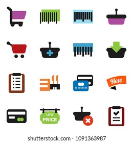 solid vector ixon set - barcode vector, low price signboard, credit card, new, mall, basket, cart, shopping list
