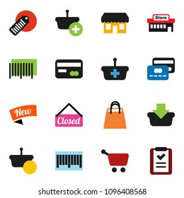 solid vector ixon set - barcode vector, credit card, new, closed, shopping bag, store, mall, basket, cart, list