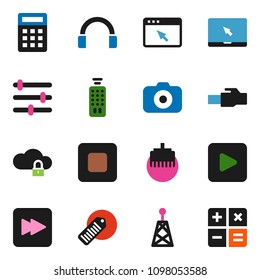 solid vector ixon set - barcode vector, camera, antenna, remote control, headphones, notebook pc, play button, stop, forward, cloud lock, browser, equalizer, lan connector, calculator